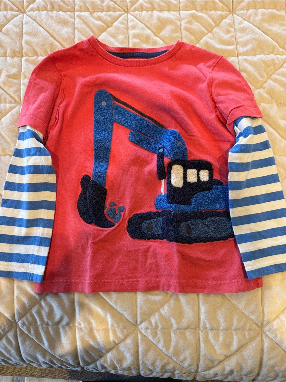 Mini Boden Red Long-Sleeve Tee with Blue Striped Sleeves & Excavator